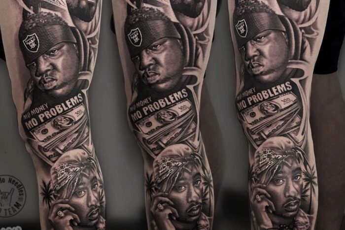 Portrait tattoo of Ice Cube, Snoop and Tupac