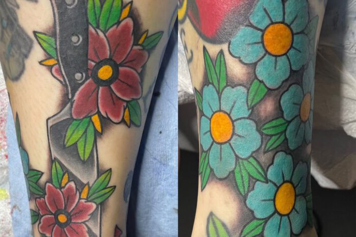 Flowers and knife tattoo