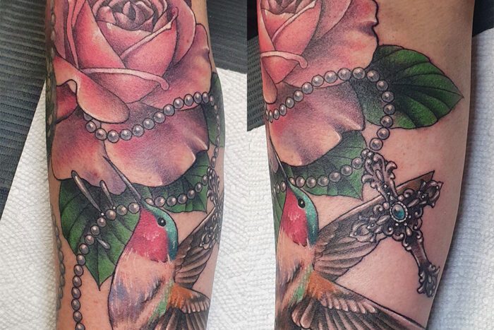 Rosemary and flowers tattoo by Dani Teitsma