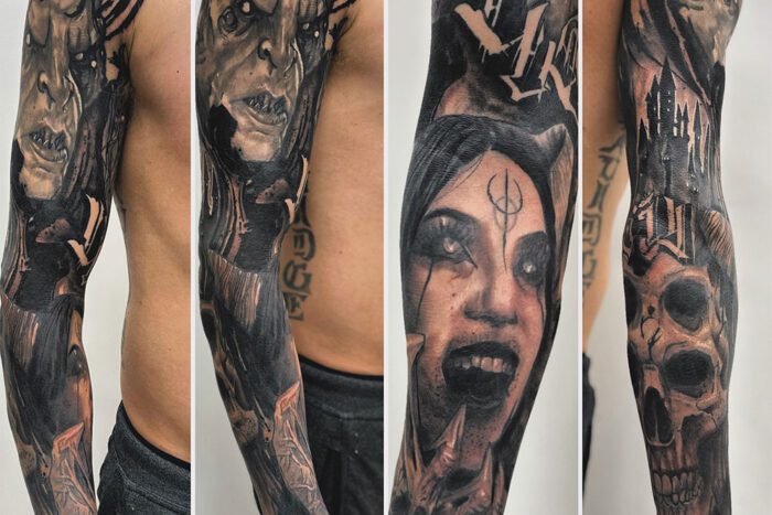 Black and grey arm sleeve tattoos