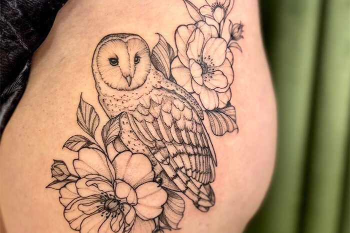 Owl and flowers, tattoo by Paige Arnott