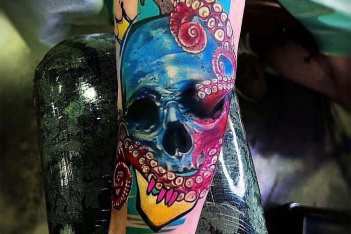 Blue skull with octopus tattoo