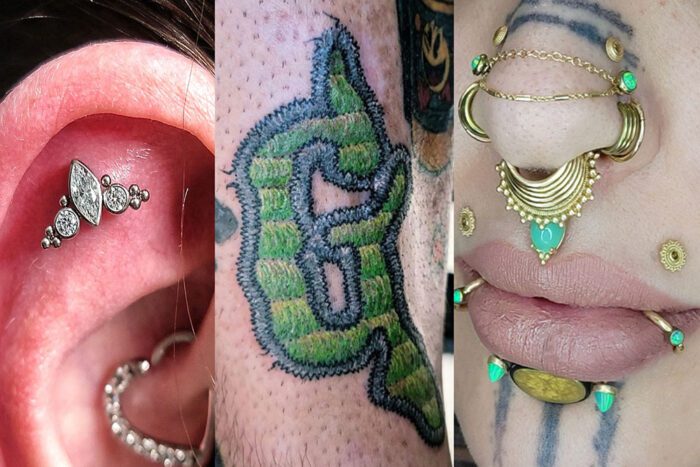 Various tattoos and piercings