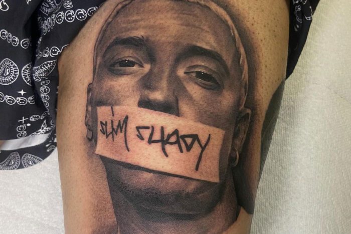 Slim Shady portrait tattoo by Nate Aguilera