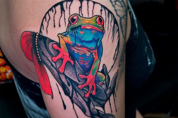 Tree frog tattoo by Harrison Ortega