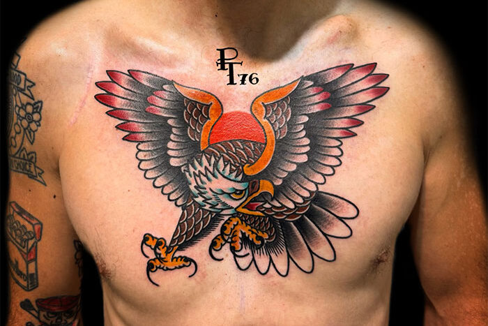 Taditional eagle chest tattoo by Paulo Madeira