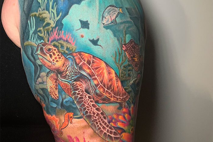 Sea turtle tattoo by Lacey Carriere
