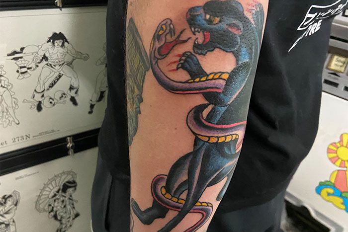 Traditional Snake & Panther tattoo, by Cam Von Cook