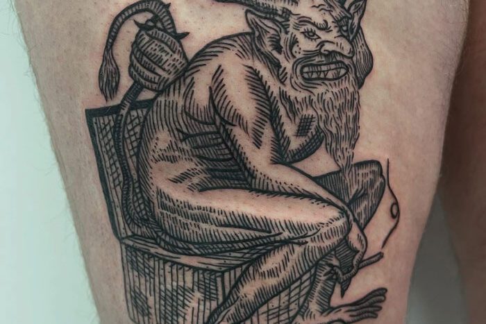 Devil sitting on the toilet tattoo, by Candice Ringland
