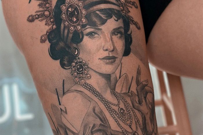 Leg portrait tattoo by Kristine Vodon