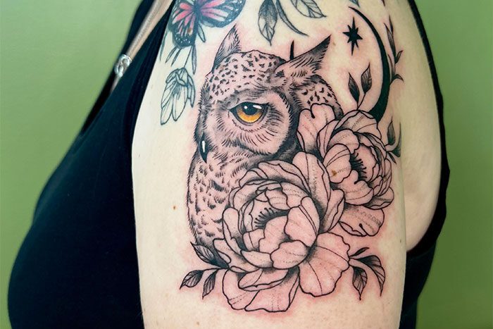Owl tattoo by Amber Burch