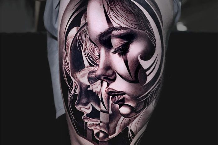 Black & grey portrait tattoo by Keila Soto