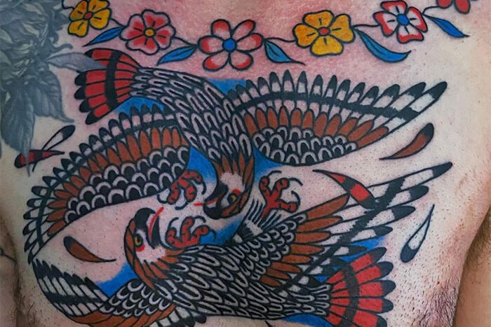 Traditional chest tattoo by Patrick Jorgensen